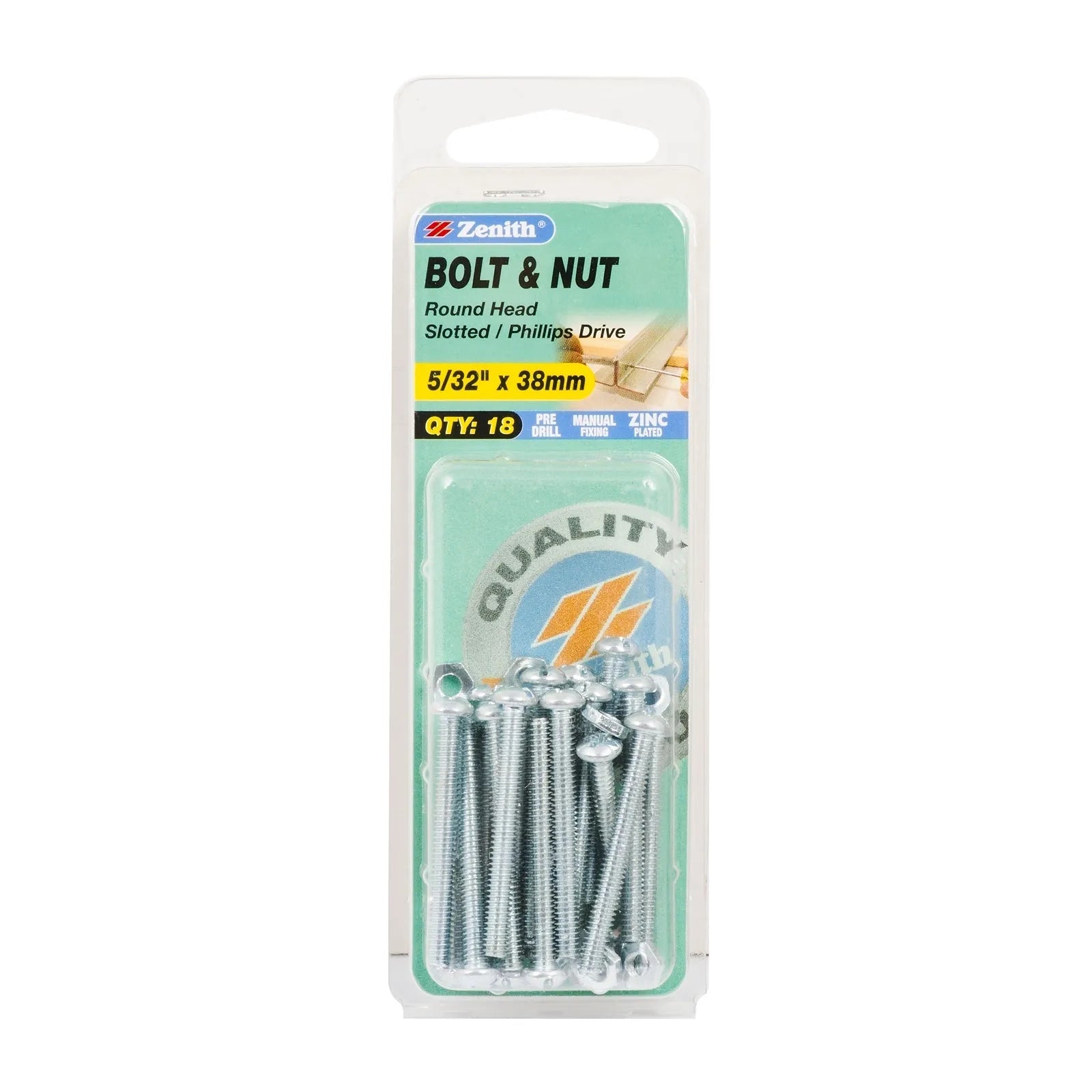 Zenith 5/32 x 38mm Round Head ZP Bolt & Nut - 18 Pack