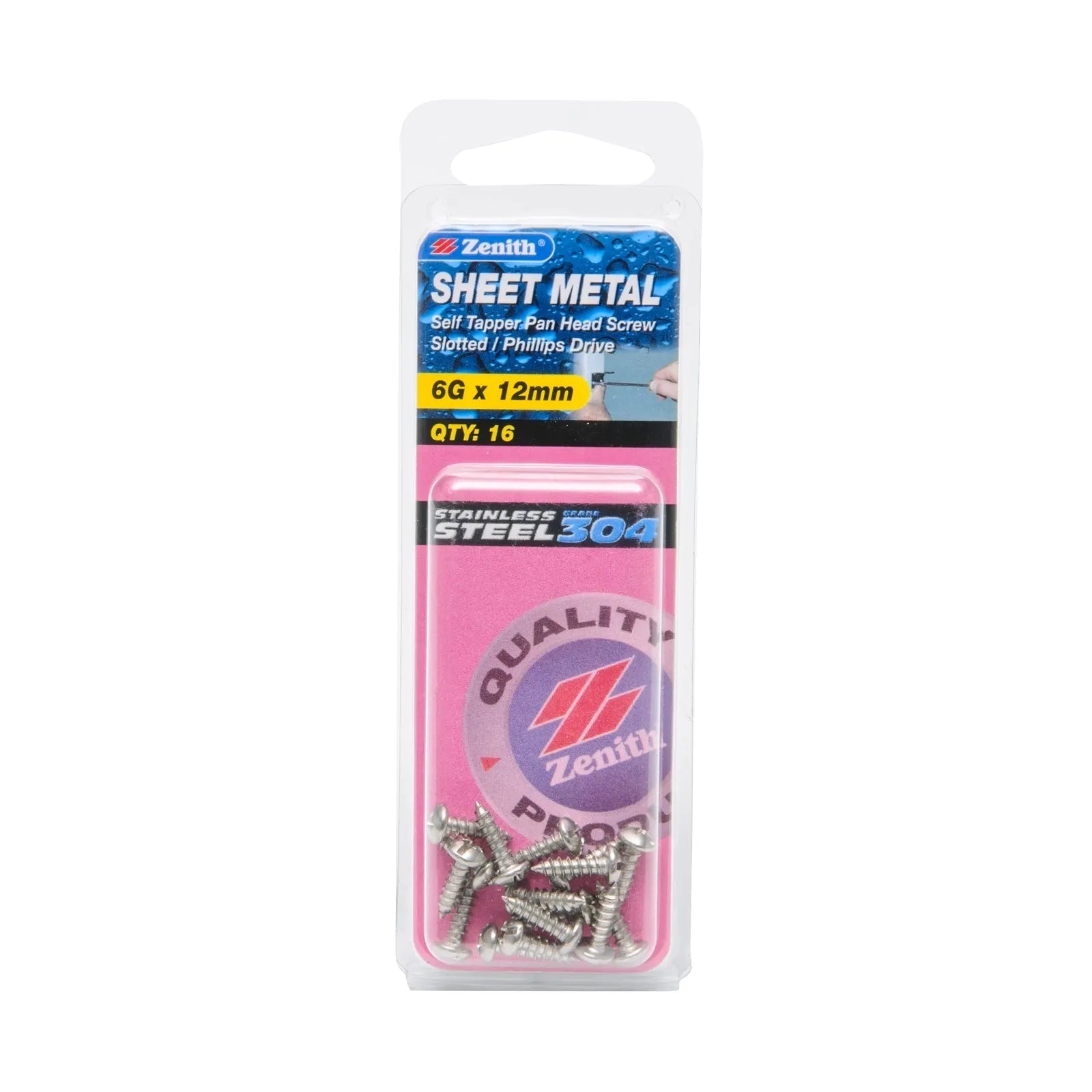 Zenith 6G x 12mm Stainless Steel Self Tapper Pan Head Sheet Metal Screws - 16 Pack