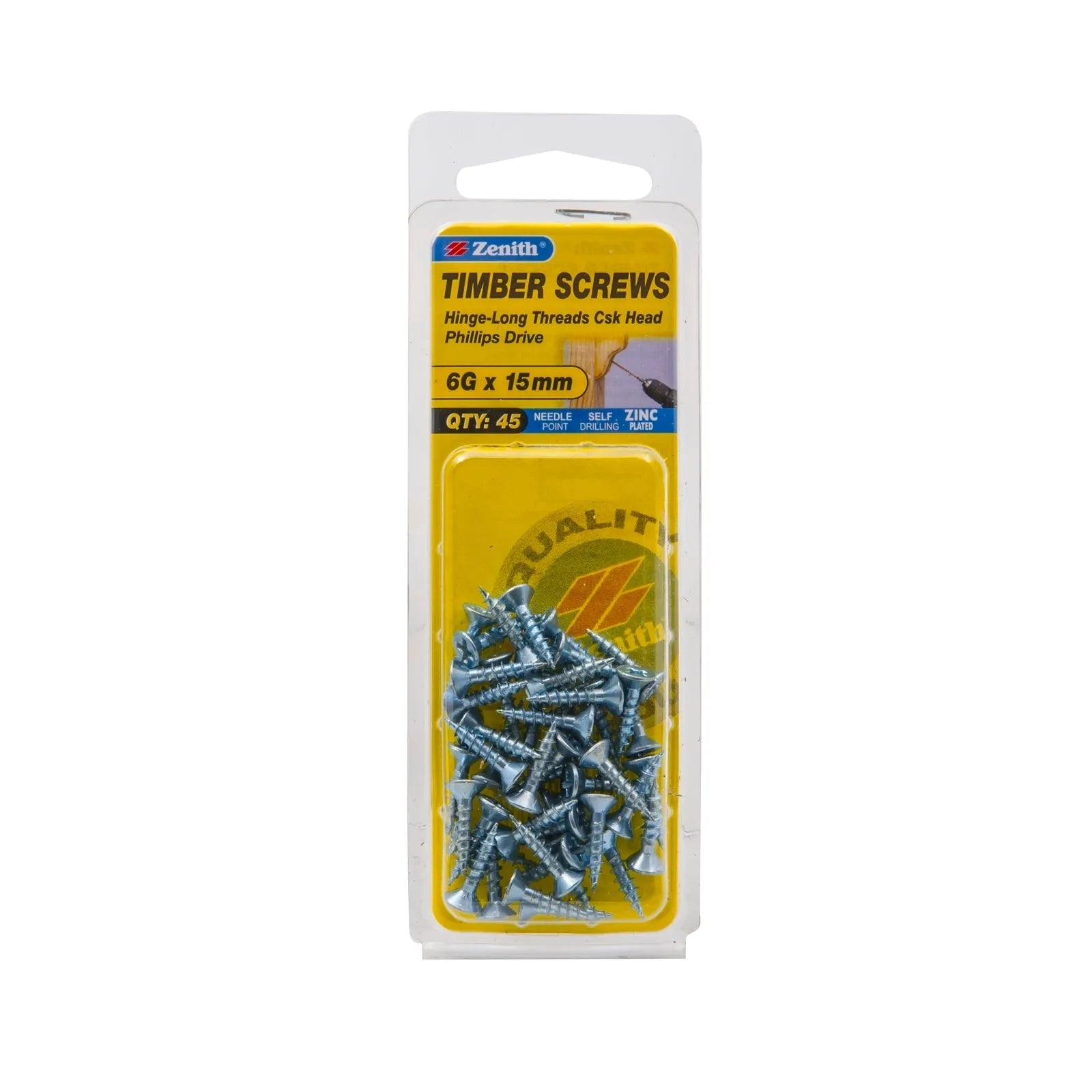 Zenith 6G x 15mm ZP Hinge-Long Thread Countersunk Head Timber Screws - 45 Pack