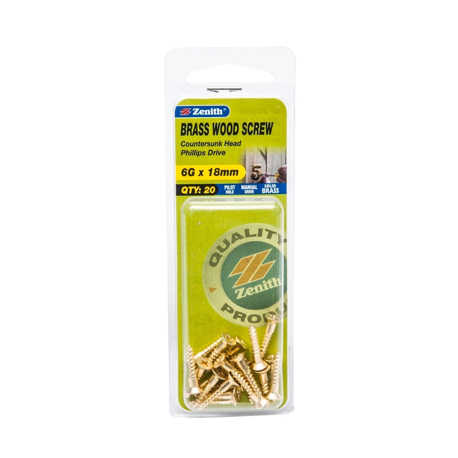 Zenith 6G x 18mm Solid Brass Countersunk Head Wood Screws - 20 Pack