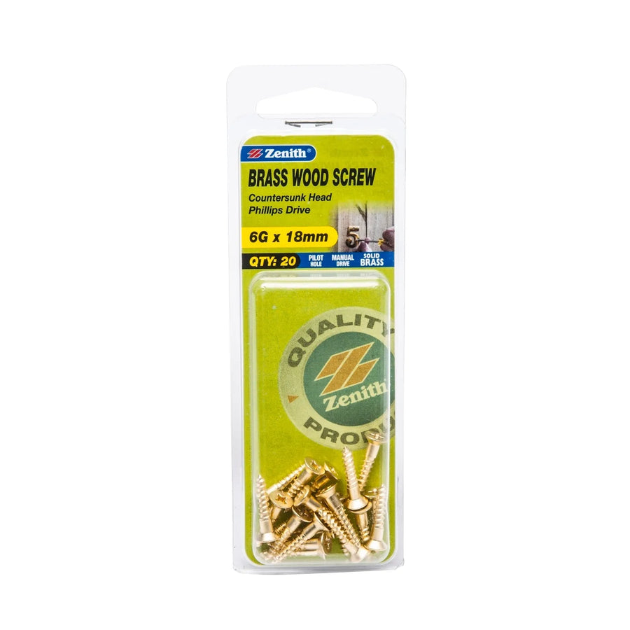 Zenith 6G x 18mm Solid Brass Countersunk Head Wood Screws - 20 Pack