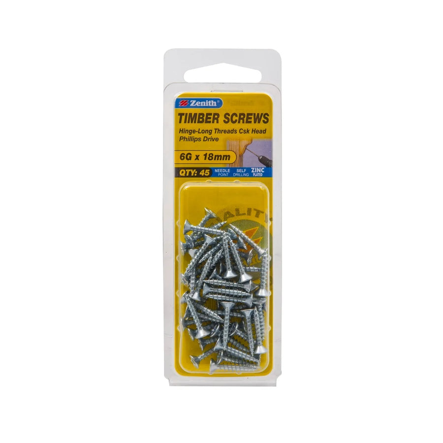 Zenith 6G x 20mm ZP Hinge-Long Threads Countersunk Head Timber Screws - 45 Pack