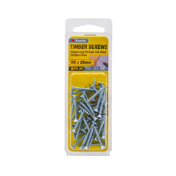 Zenith 6G x 25mm ZP Hinge-Long Thread Countersunk Head Timber Screws - 35 Pack