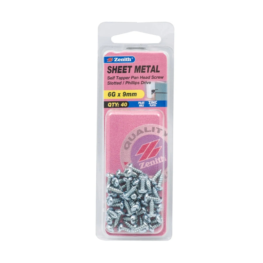 Zenith 6G x 9mm ZP Self Tapper Pan Head Sheet Metal Screws - 40 Pack