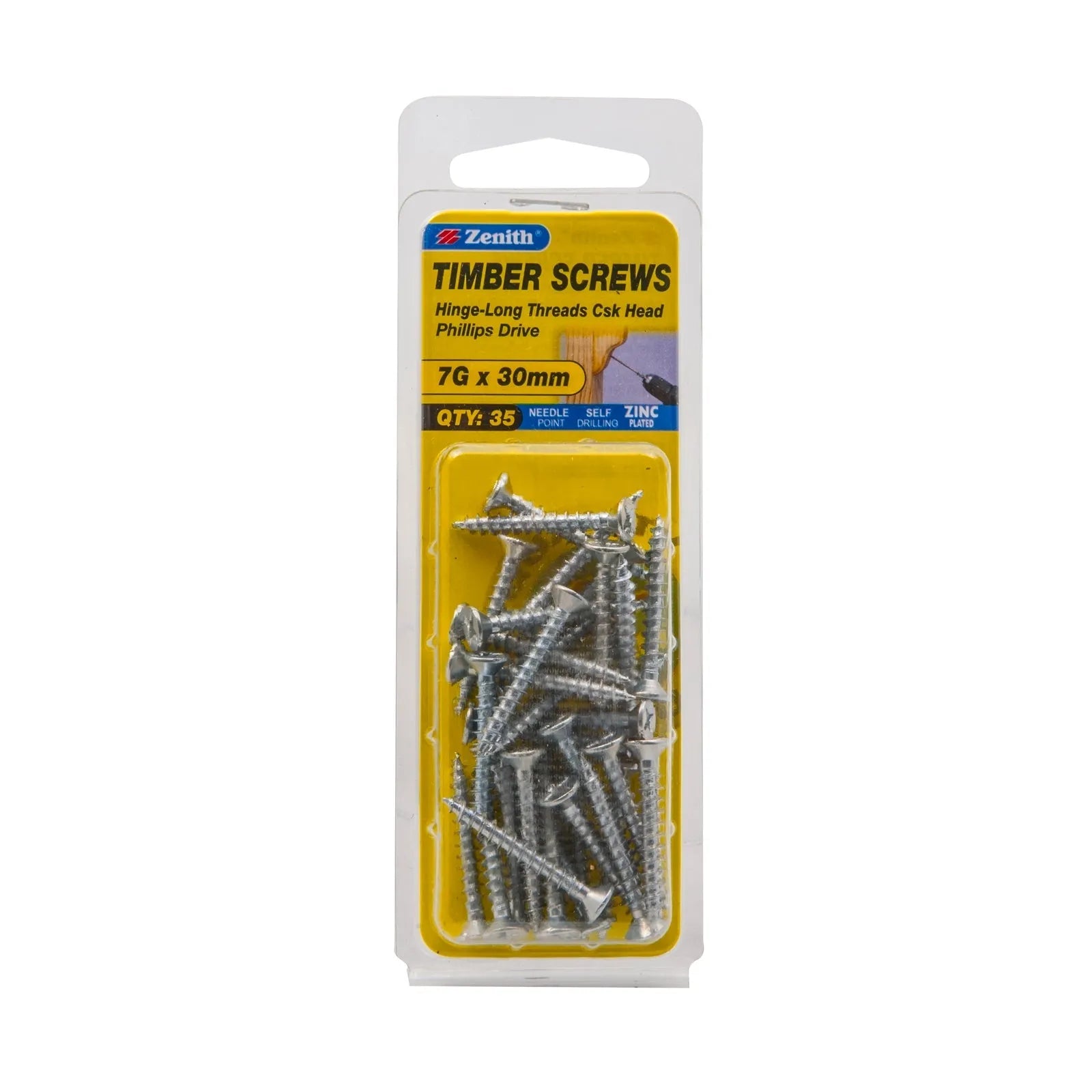 Zenith 7G x 30mm ZP Hinge-Long Thread Countersunk Head Timber Screws - 35 Pack