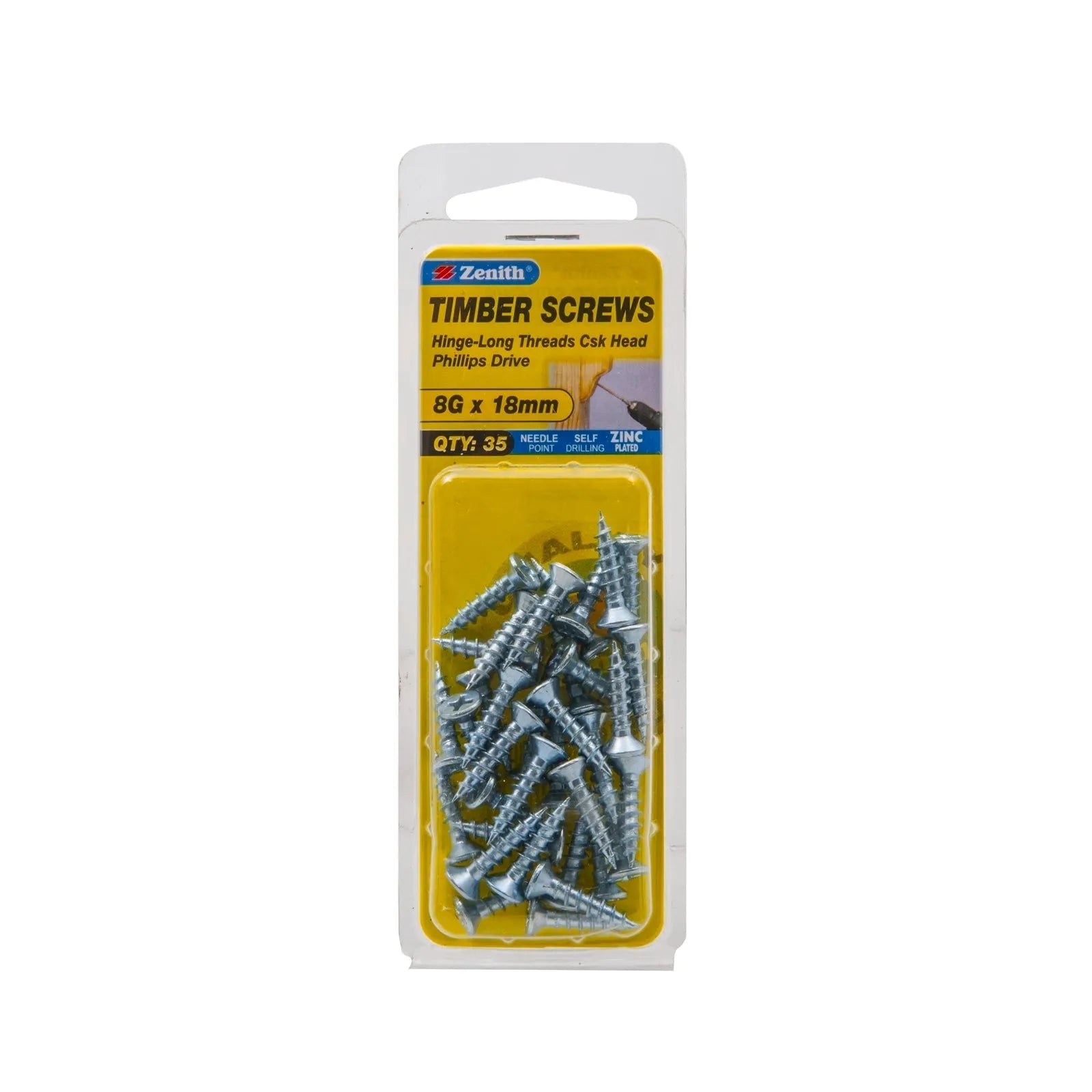 Zenith 8G x 20mm ZP Hinge-Long Threads Countersunk Head Timber Screws - 35 Pack