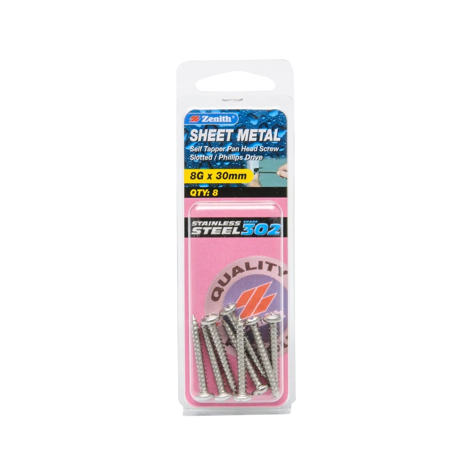 Zenith 8G x 30mm Stainless Steel Self Tapper Pan Head Sheet Metal Screws - 8 Pack