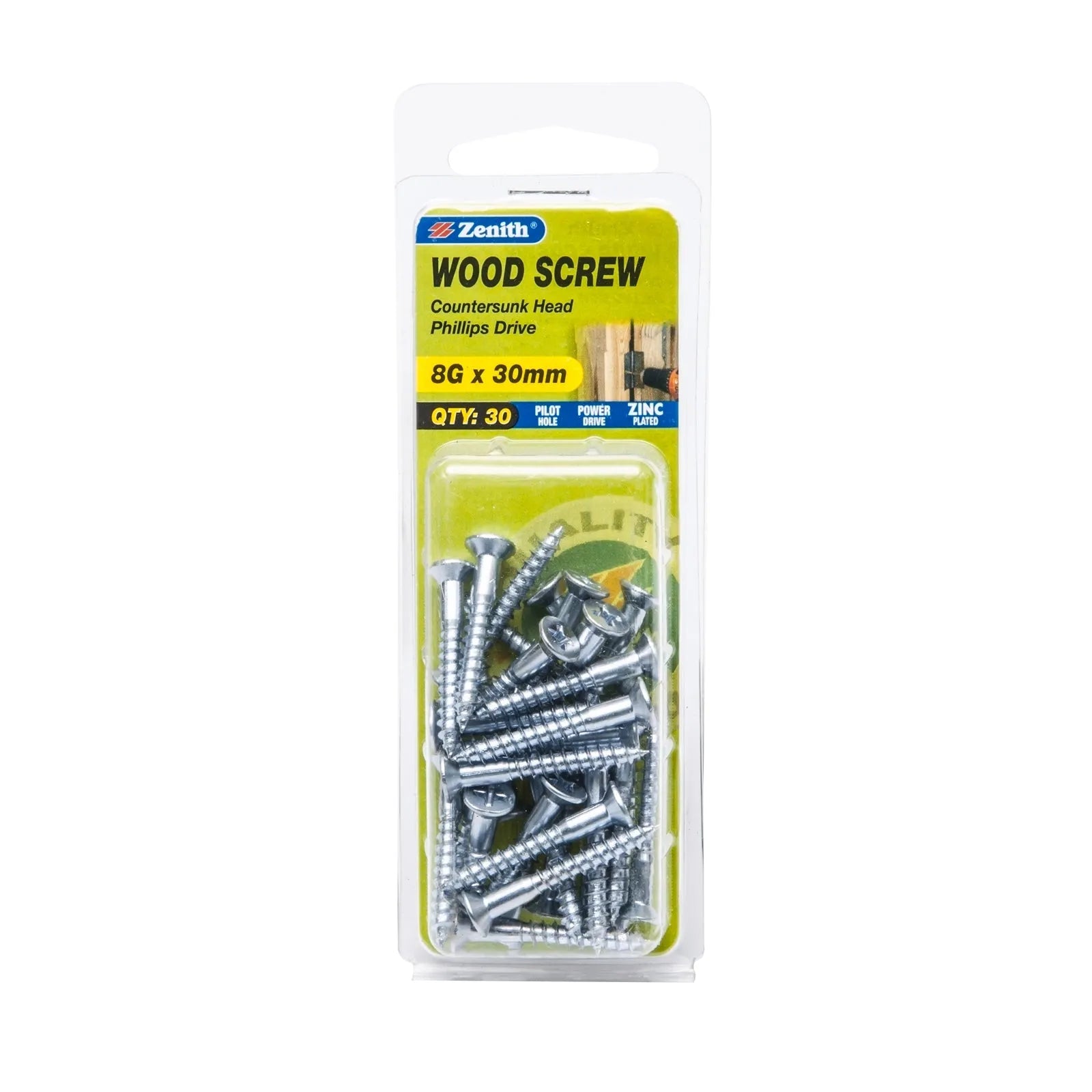 Zenith 8G x 30mm ZP Countersunk Head Wood Screws - 30 Pack
