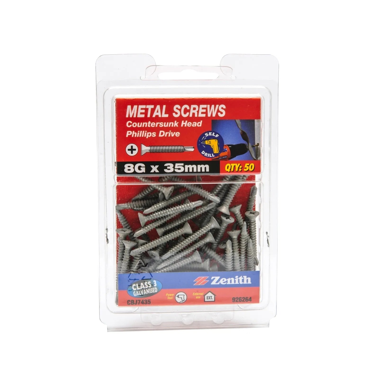 Zenith 8G x 35mm Galv Countersunk Head Metal Screws - 50 Pack