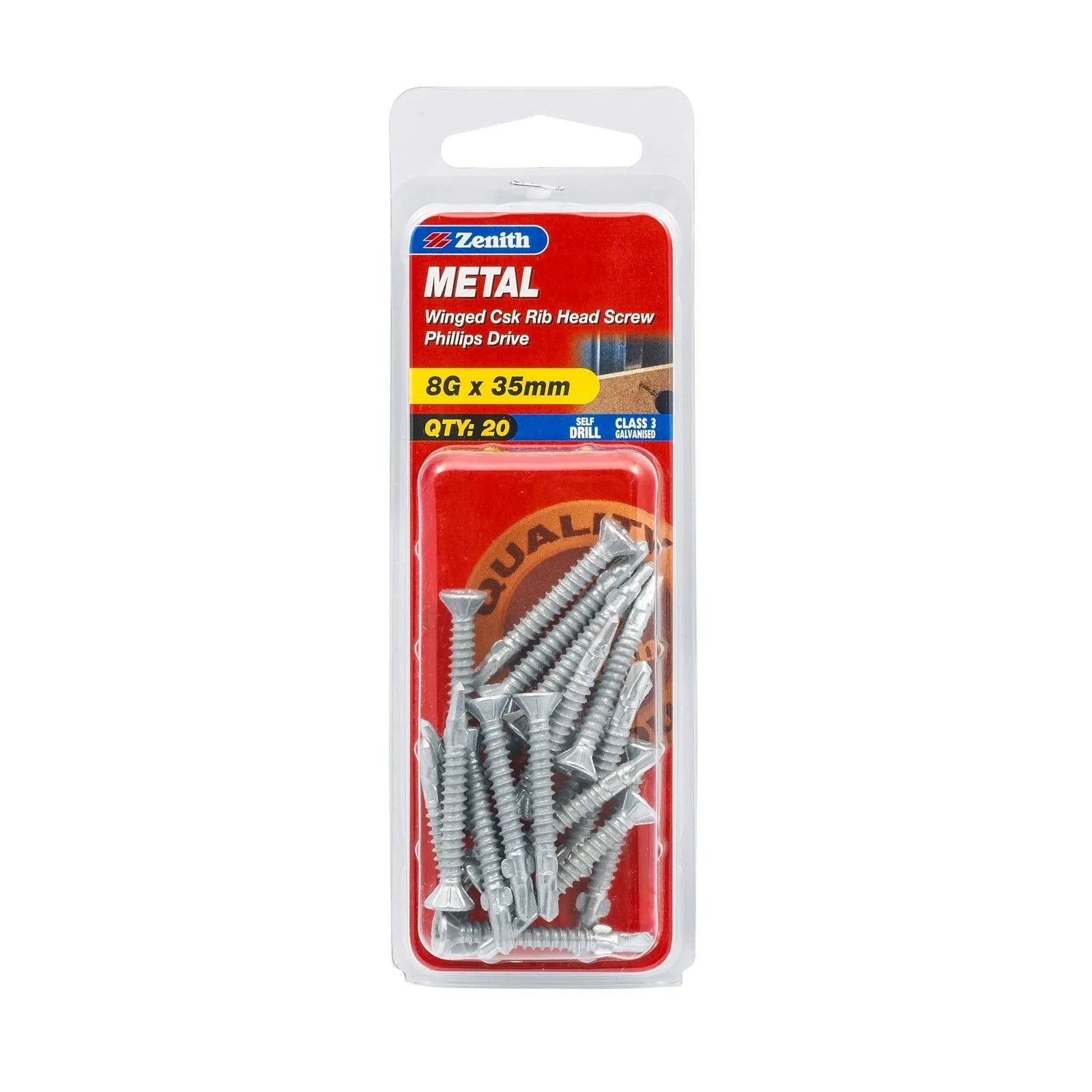 Zenith 8G x 35mm Galv Countersunk Ribbed Head Winged Screws - 20 Pack