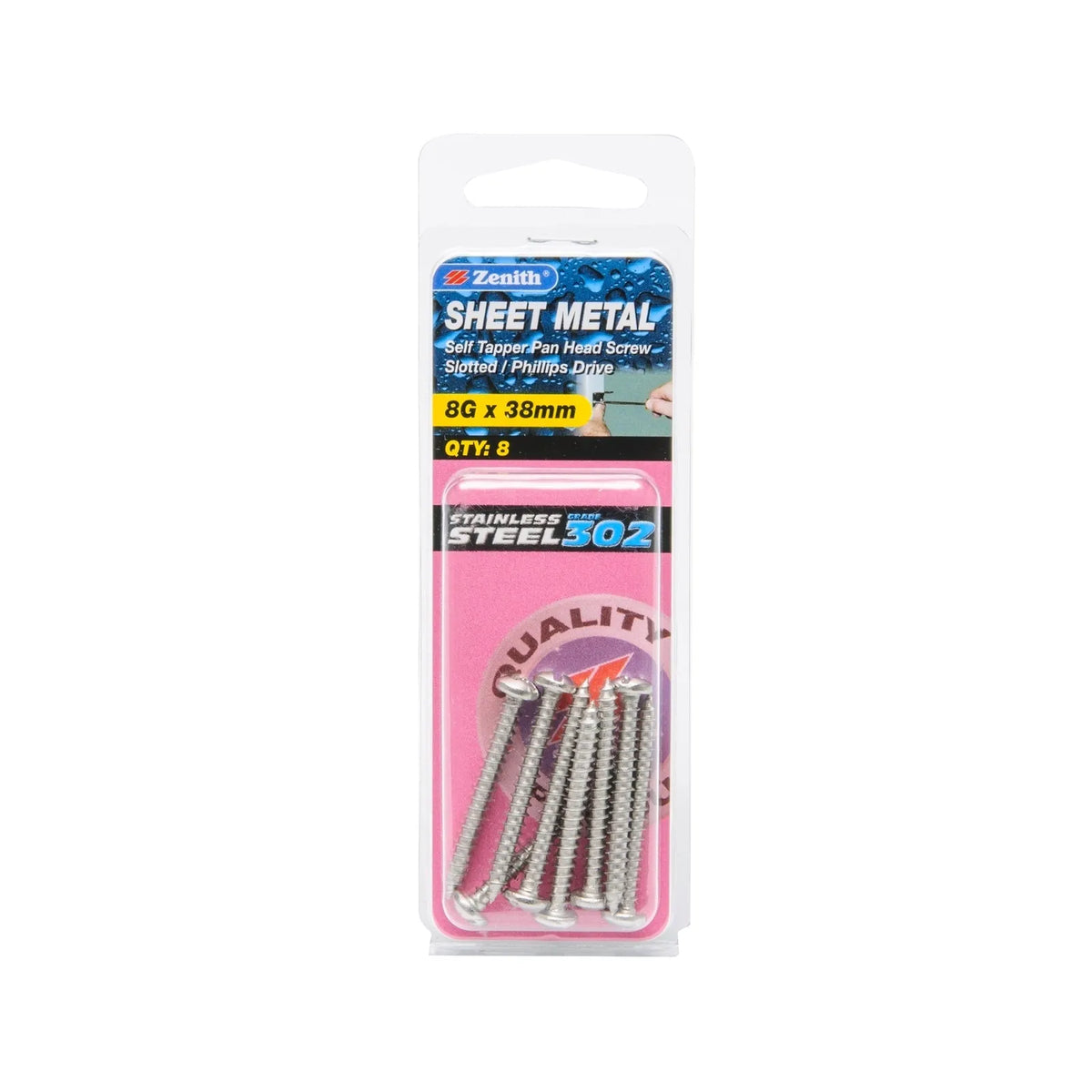 Zenith 8G x 38mm Stainless Steel Self Tapper Pan Head Sheet Metal Screws - 8 Pack