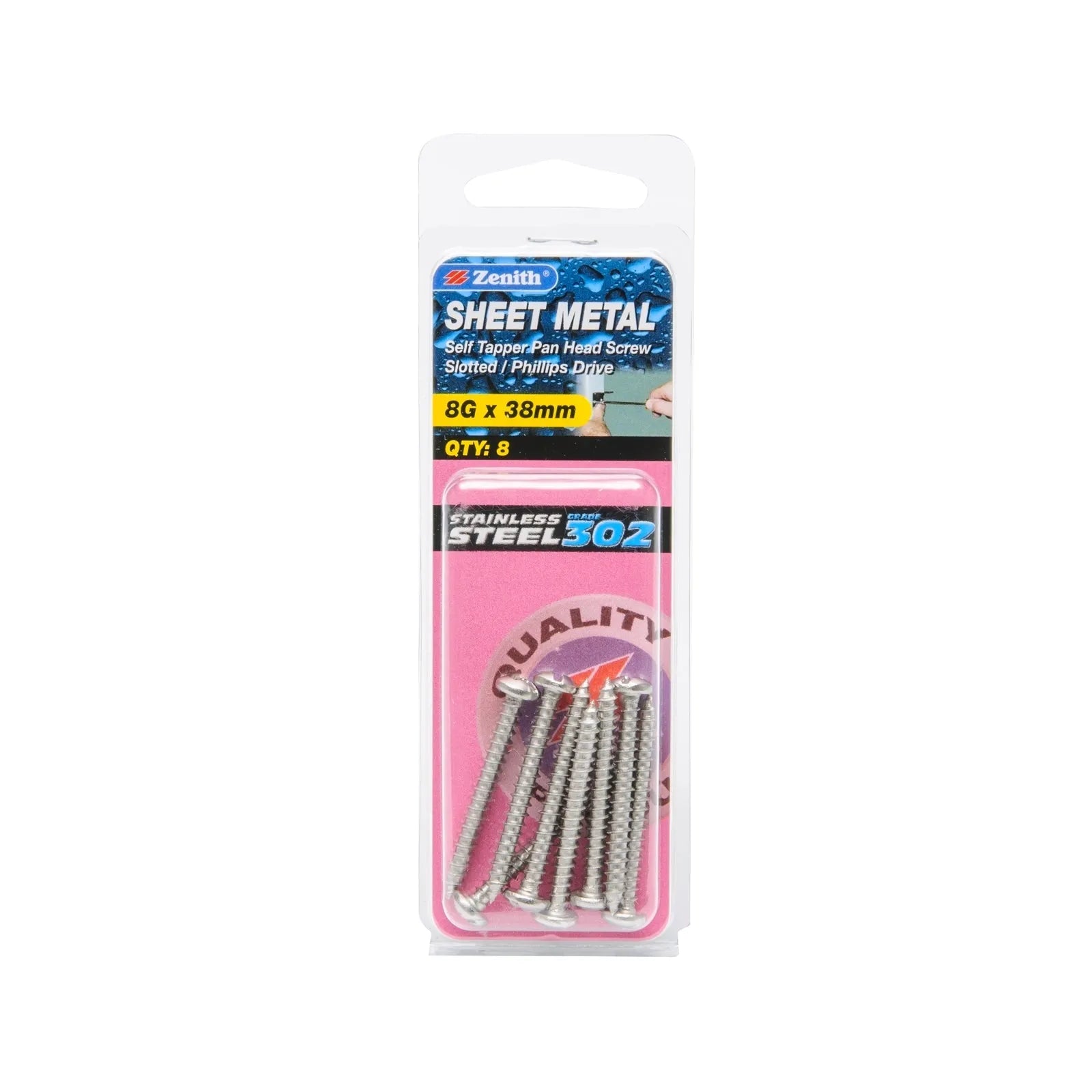 Zenith 8G x 38mm Stainless Steel Self Tapper Pan Head Sheet Metal Screws - 8 Pack