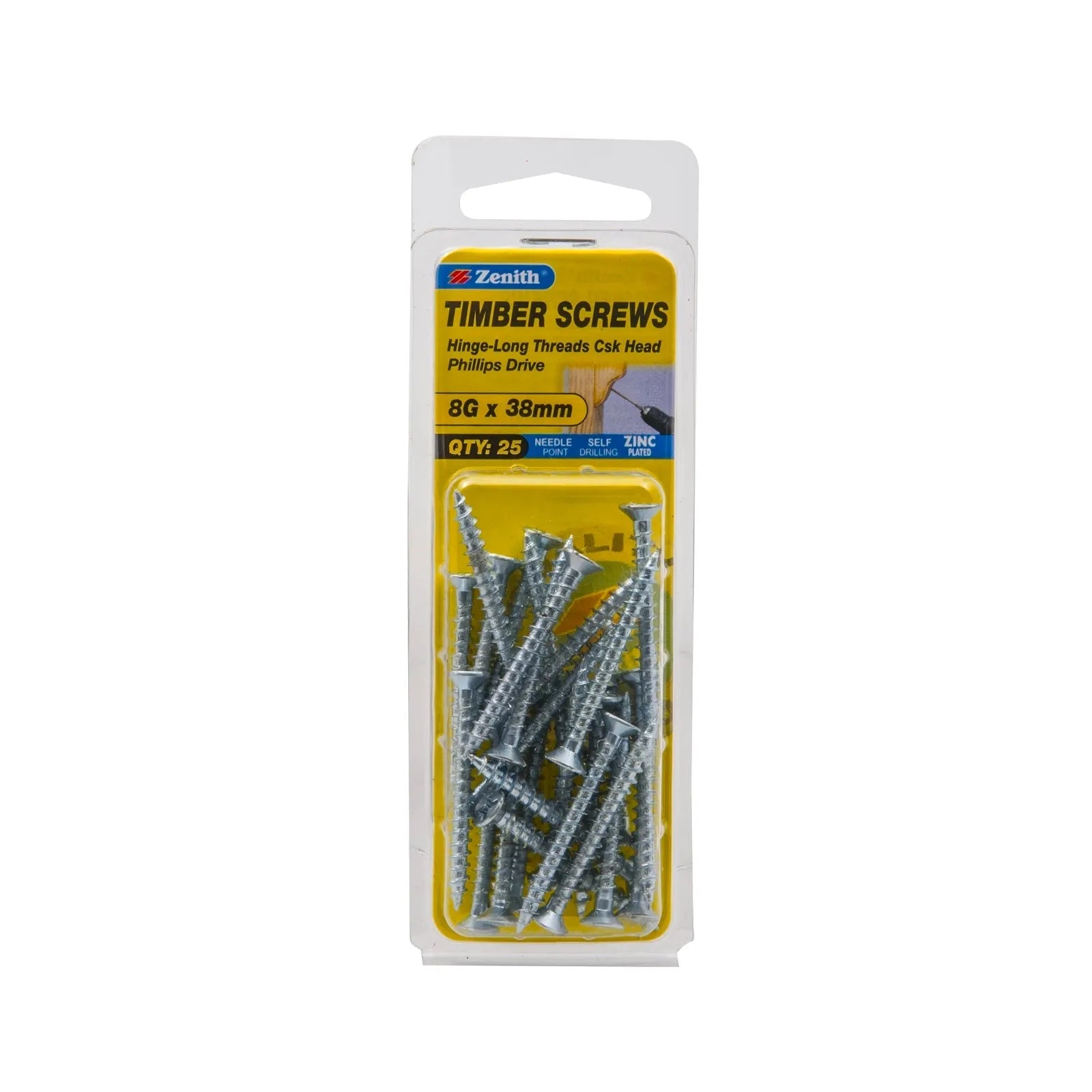 Zenith 8G x 38mm ZP Hinge-Long Threads Countersunk Head Timber Screws - 25 Pack