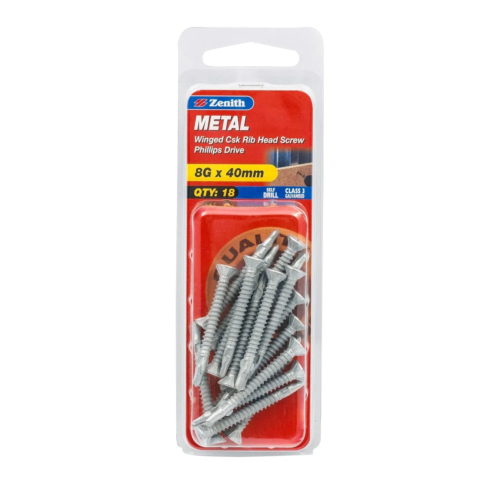 Zenith 8G x 40mm Galv Countersunk Ribbed Head Winged Screws - 18 Pack