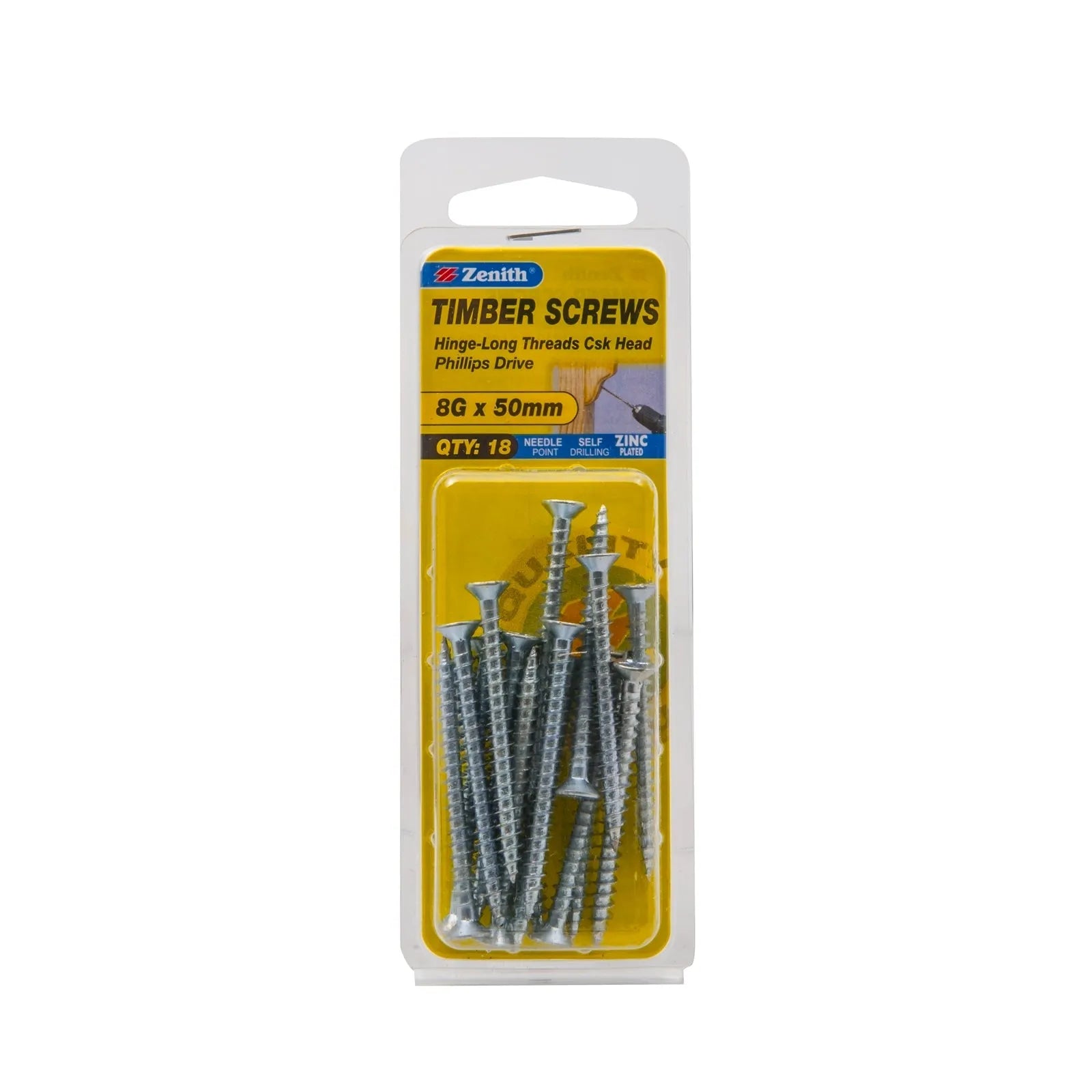 Zenith 8G x 50mm ZP Hinge-Long Threads Countersunk Head Timber Screws - 18 Pack