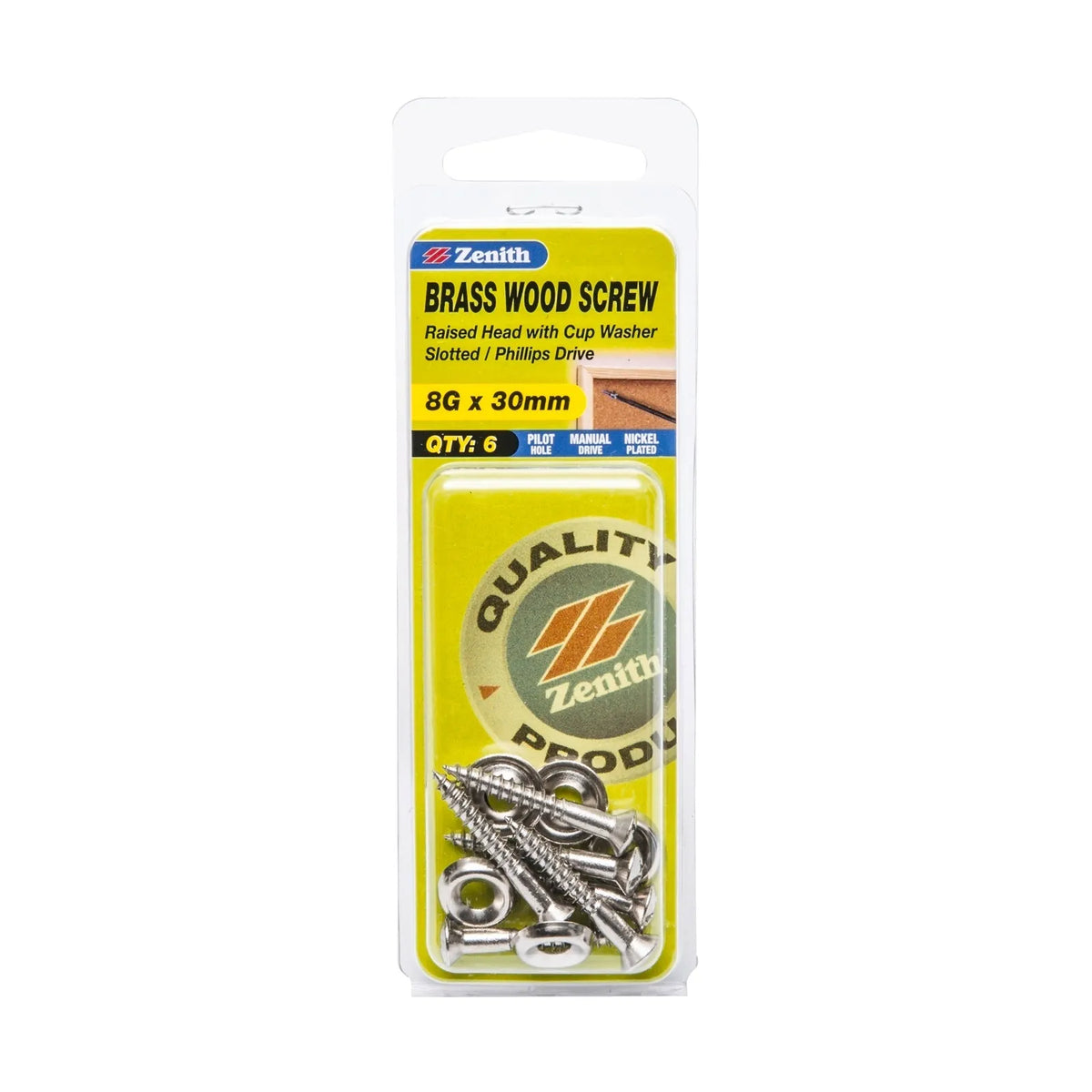 Zenith 8g x 30mm Nickel Plated Round Head With Cup Washer Wood Screws - 6 Pack