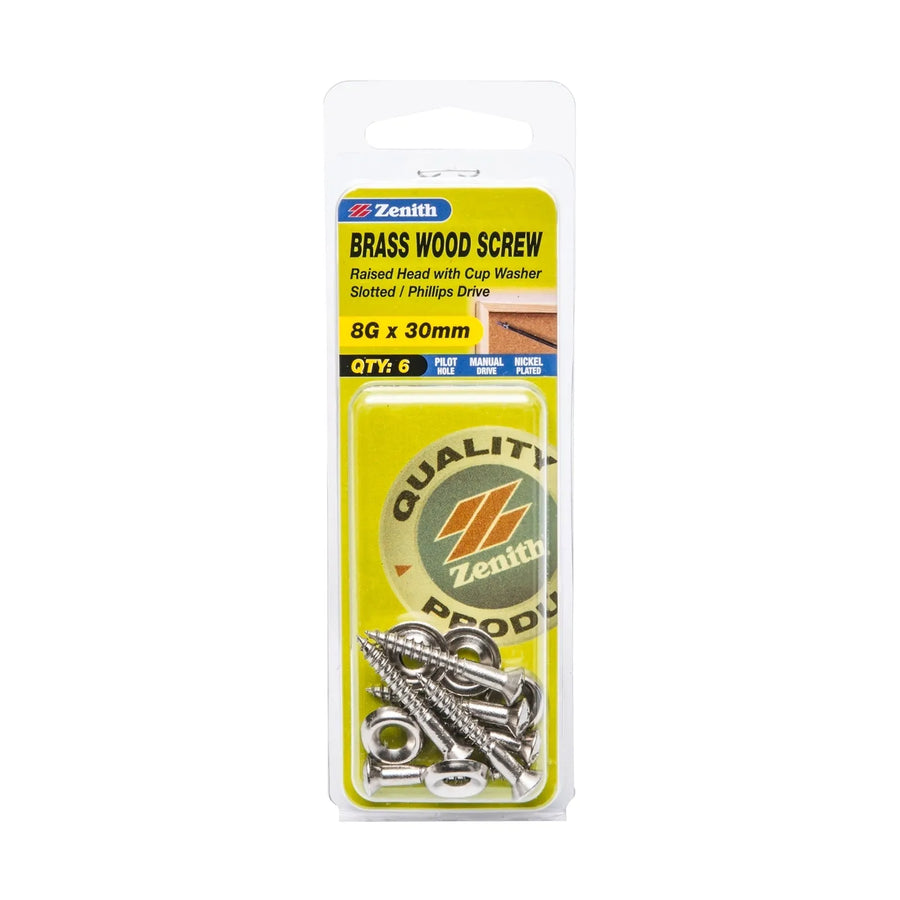 Zenith 8g x 30mm Nickel Plated Round Head With Cup Washer Wood Screws - 6 Pack