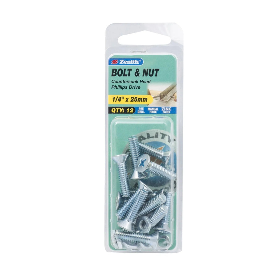 Zenith Bolt & Nut CSK ZP 1/4" x 25mm - 12 Pack