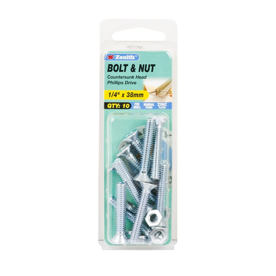 Zenith Bolt & Nut CSK ZP 1/4" x 38mm - 10 Pack