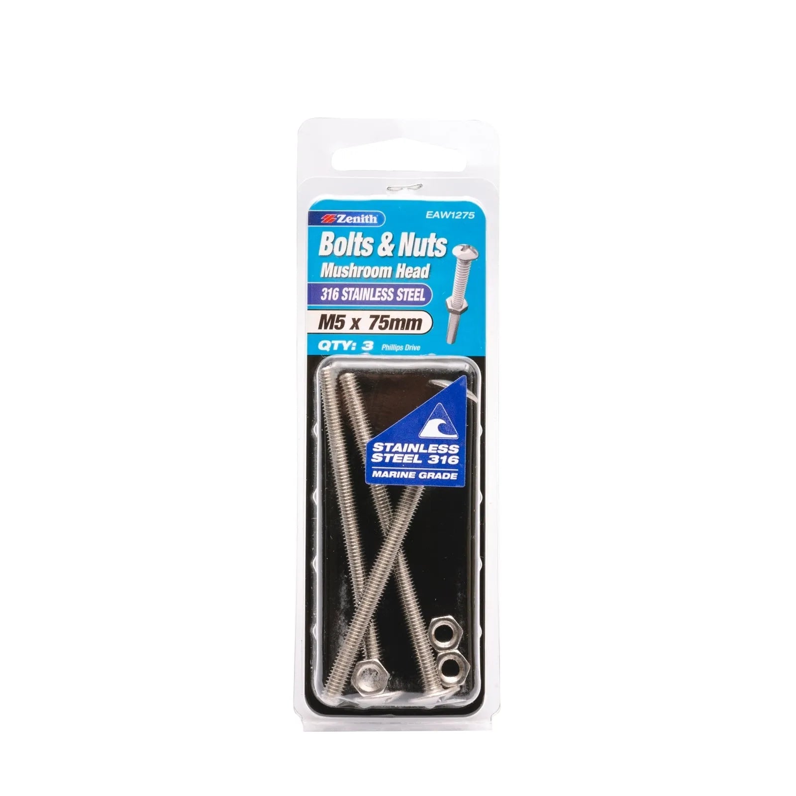 Zenith Bolt & Nut Mushroom Head SS316 M5 x 75mm - 3 Pack
