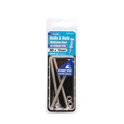 Zenith Bolt & Nut Mushroom Head SS316 M5 x 75mm - 3 Pack