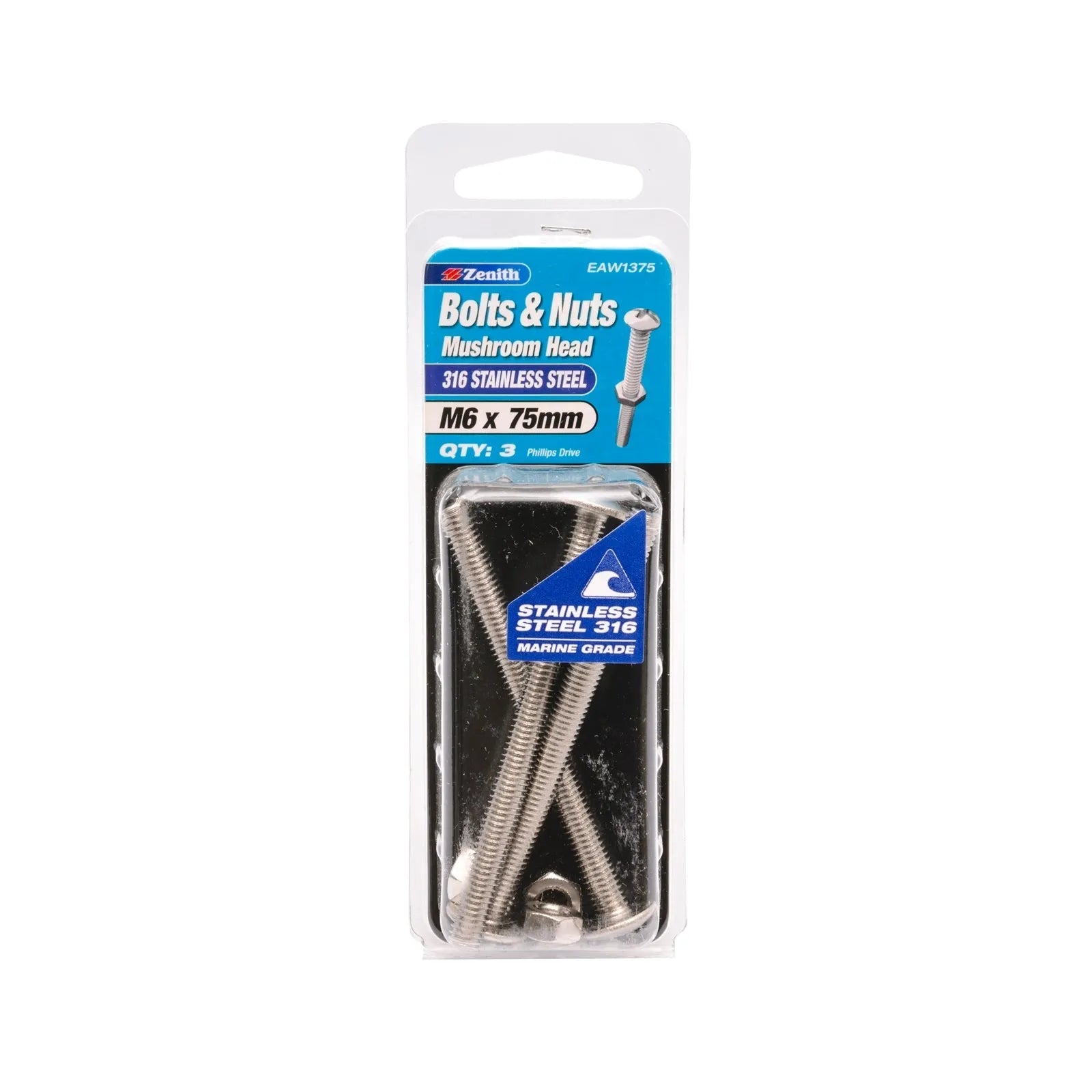 Zenith Bolt & Nut Mushroom Head SS316 M6 x 75mm - 3 Pack