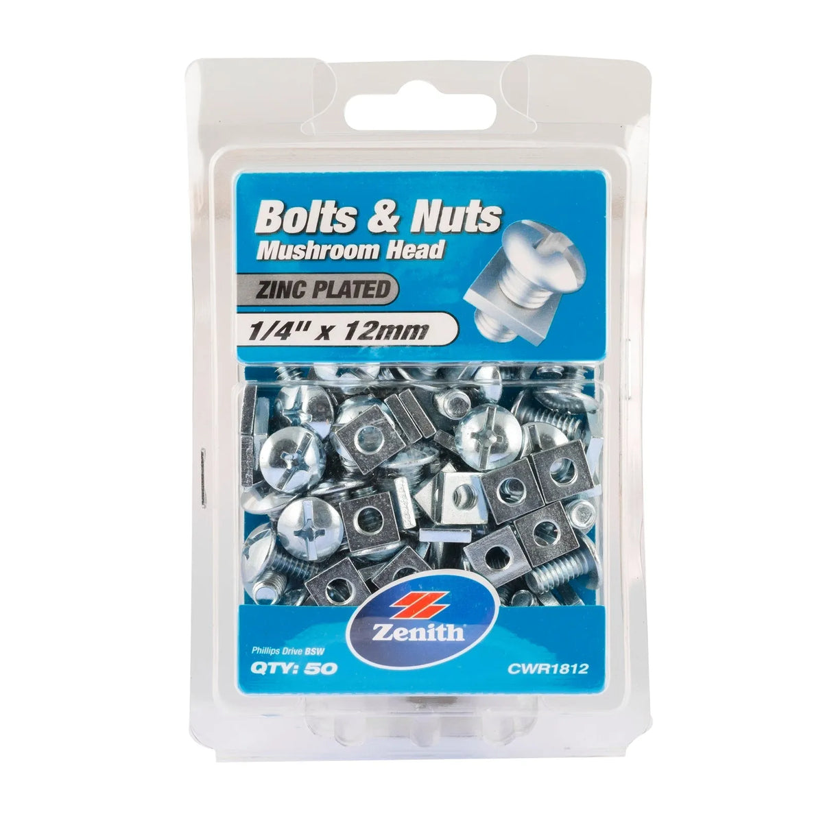 Zenith Bolt & Nut Mushroom ZP 1/4" x 12mm - 50 Pack