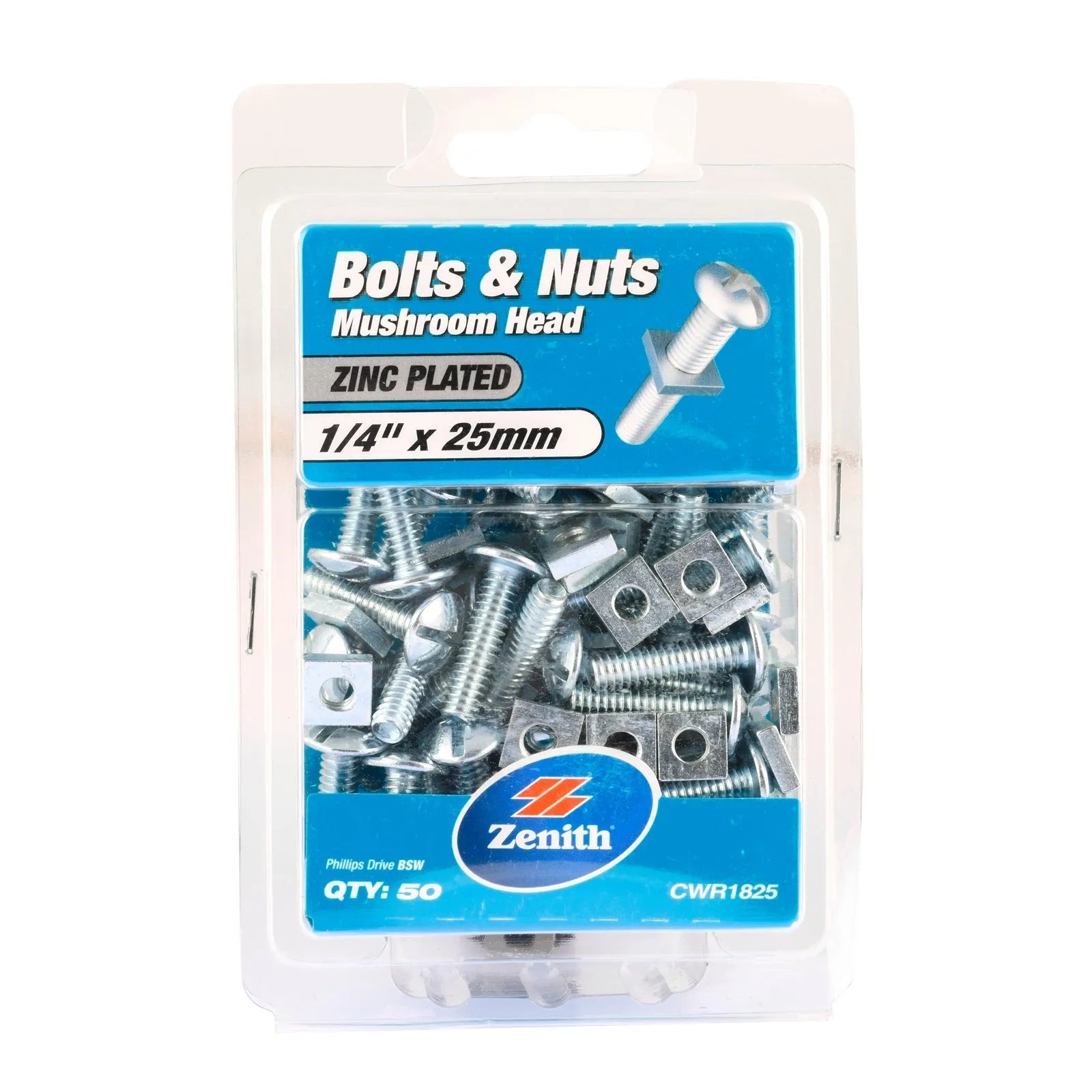 Zenith Bolt & Nut Mushroom ZP 1/4" x 25mm - 50 Pack