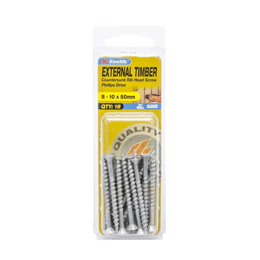Zenith External Timber Countersunk Rib Head Screw 8-10 x 50mm - 18 Pack
