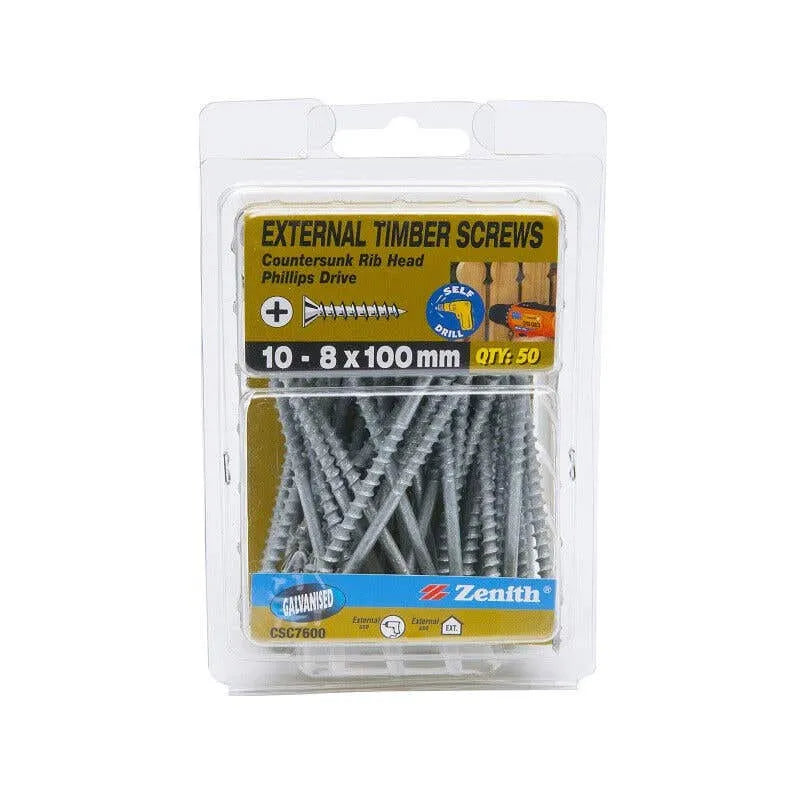 Zenith External Timber Screws Galv 10g x 100mm - 50 Pack