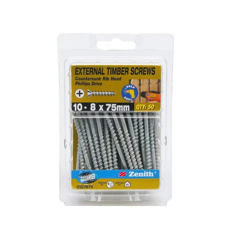Zenith External Timber Screws Galv 10g x 75mm - 50 Pack