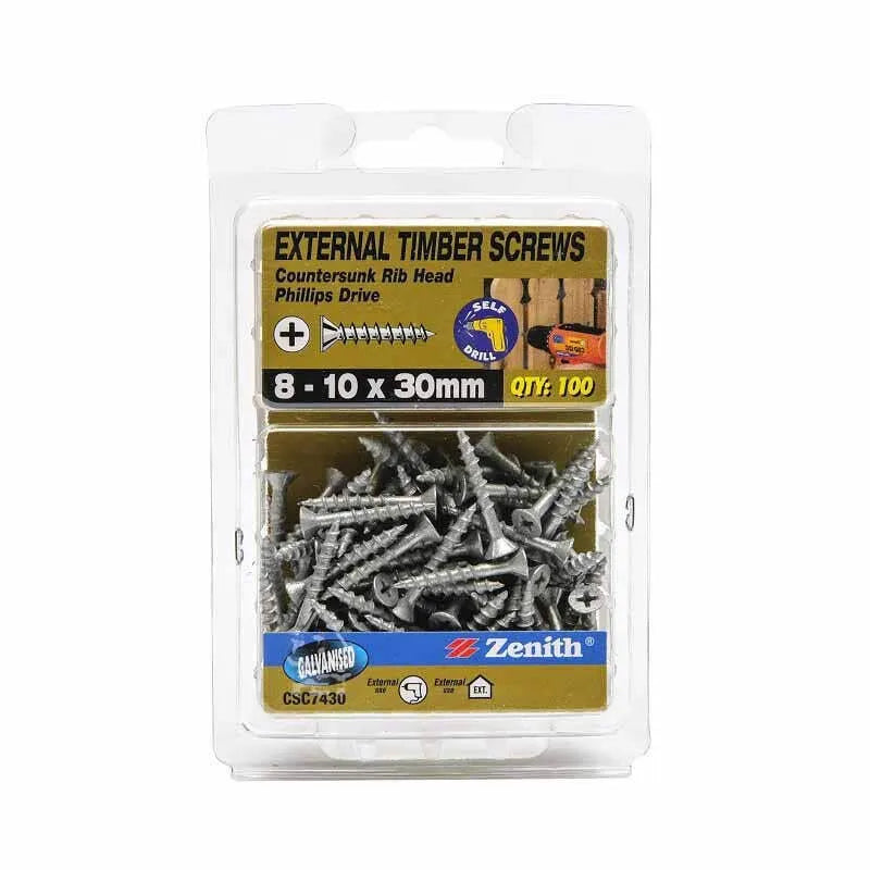 Zenith External Timber Screws Galv 8G x 30mm - 100 Pack