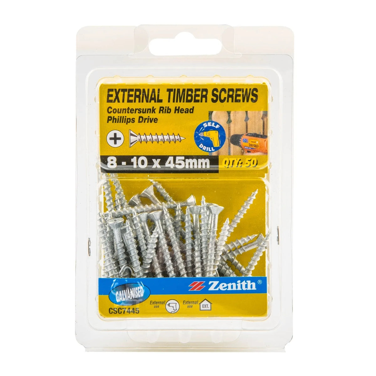 Zenith External Timber Screws Galv 8G x 45mm - 50 Pack