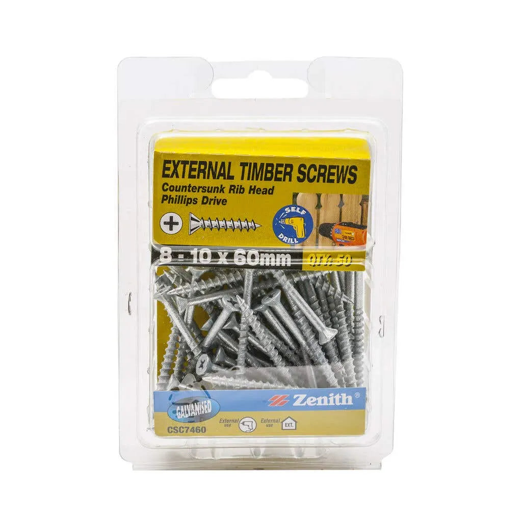 Zenith External Timber Screws Galv 8G x 60mm - 50 Pack