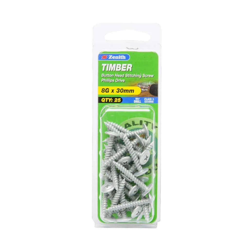Zenith Galv Button Head Stiching Timber Screws 8g x 30mm - 25 Pack