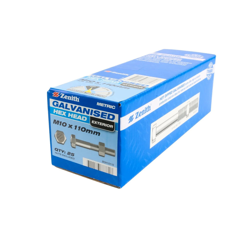 Zenith M10 x 110mm Hot Dipped Galv Hex Head Bolt & Nut - 25 Pack