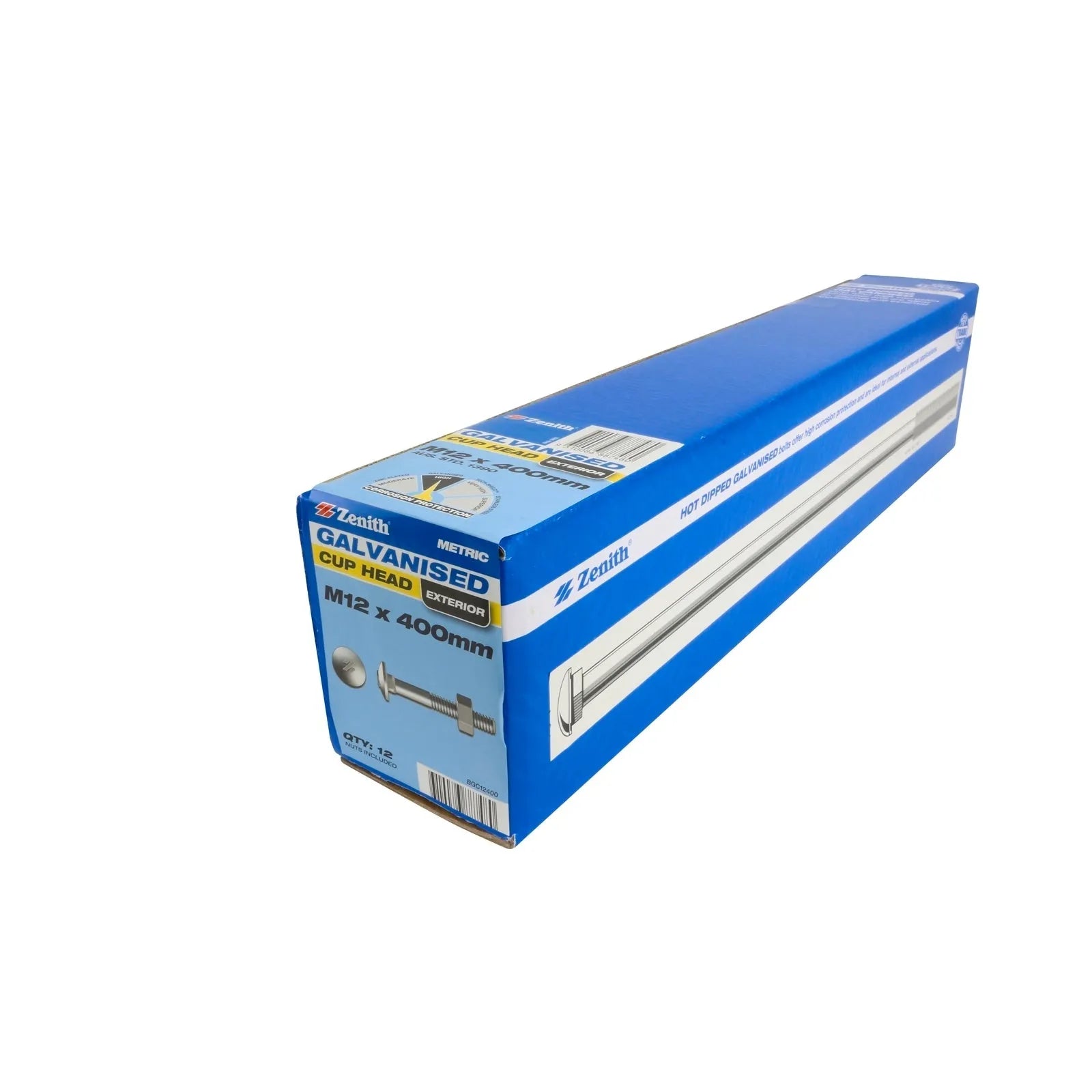 Zenith M12 x 400mm Hot Dipped Galv Cup Head Bolt & Nut - 12 Pack