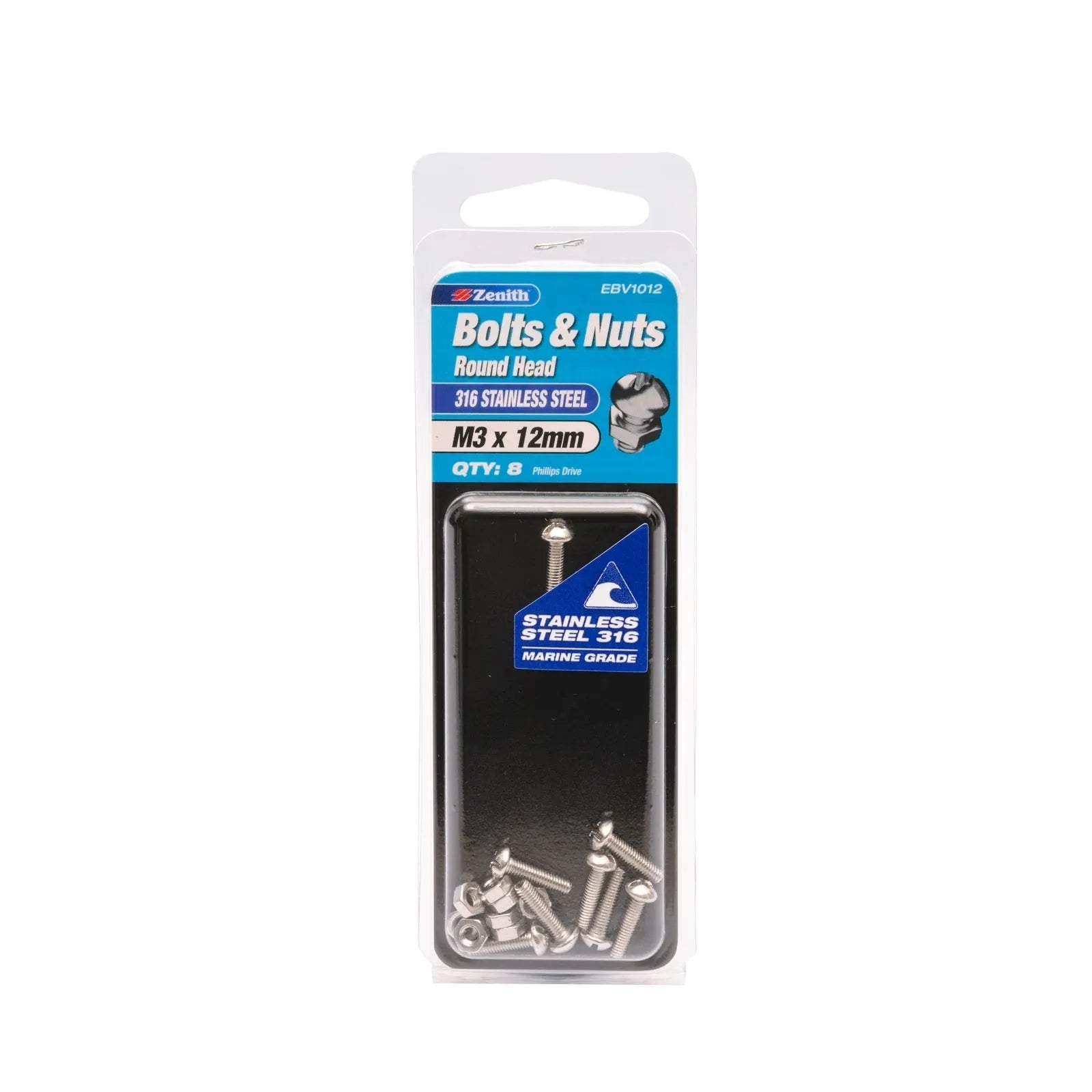 Zenith M3 x 12mm 316 Stainless Steel Round Head Bolt & Nut - 8 Pack