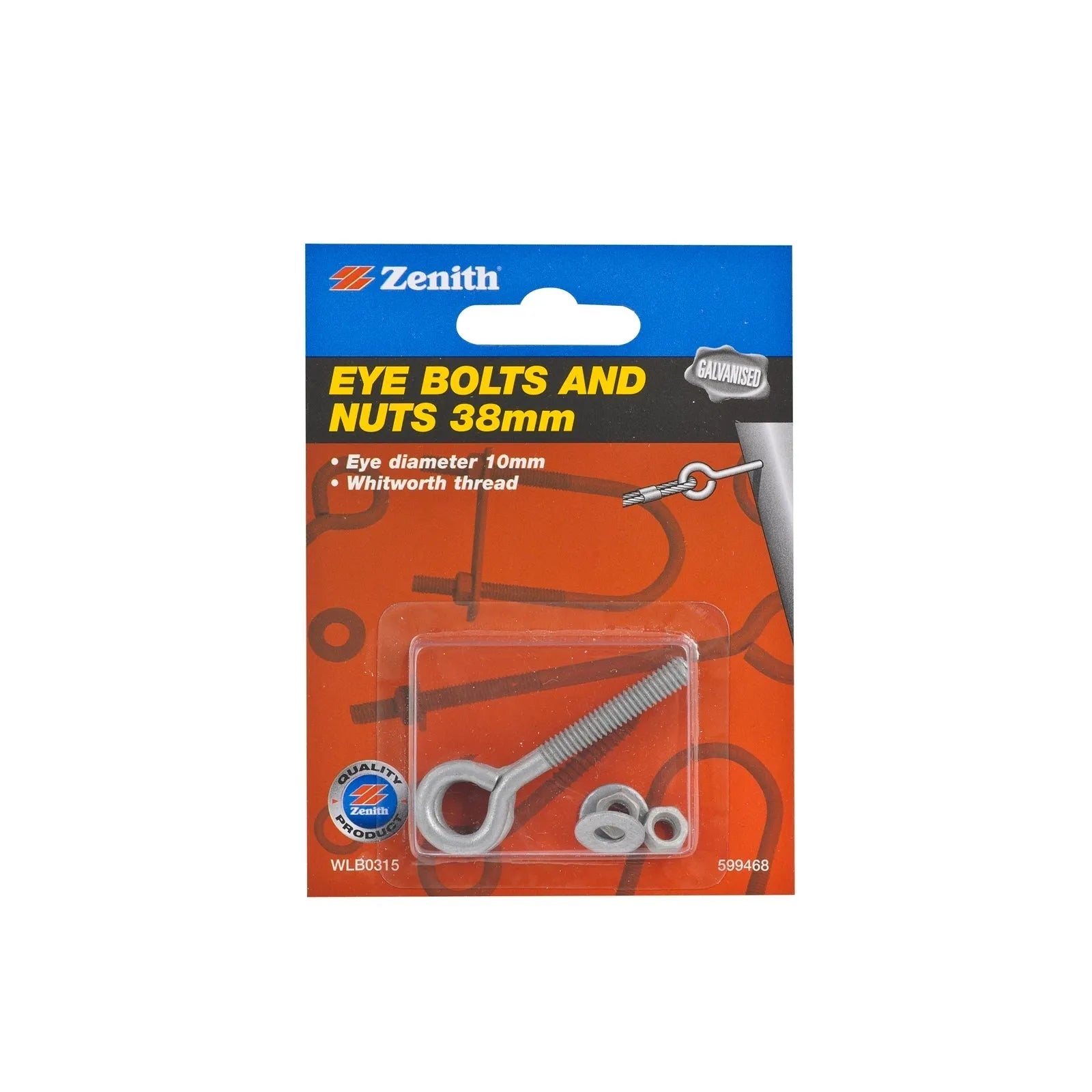 Zenith M4 x 56 x 10mm Galv Eye Bolt & Nut - 2 Pack