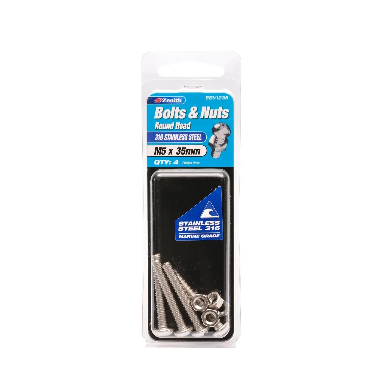 Zenith M5 x 35mm 316 Stainless Steel Round Head Bolt & Nut - 4 Pack