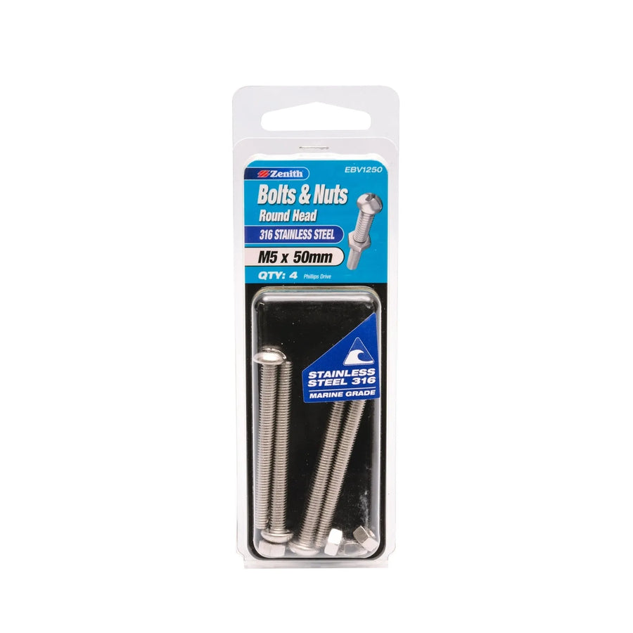 Zenith M5 x 50mm 316 Stainless Steel Round Head Bolt & Nut - 4 Pack