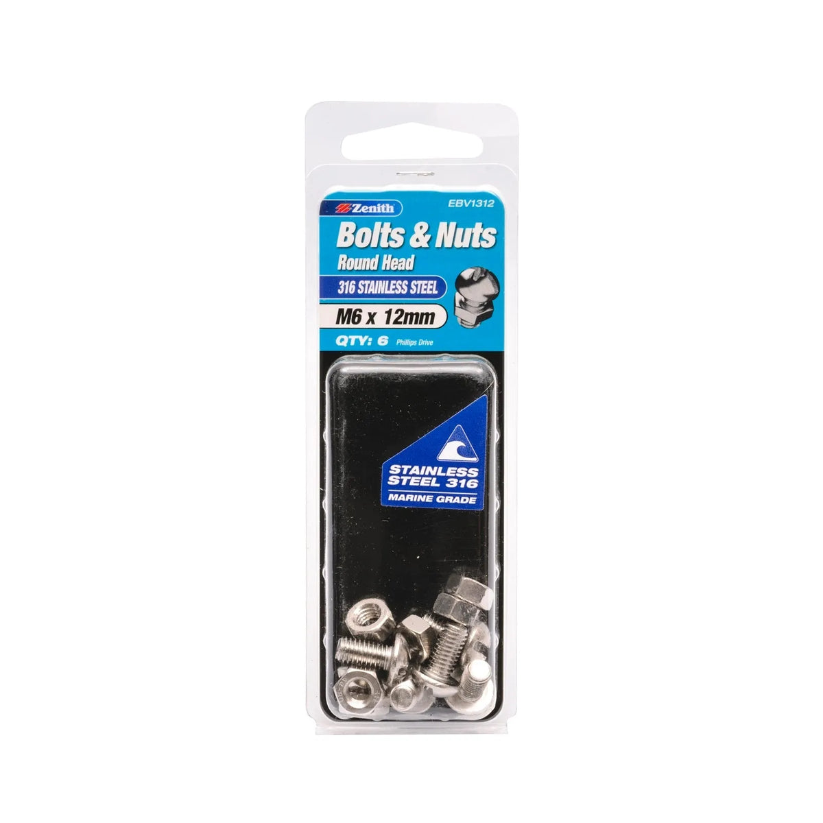 Zenith M6 x 12mm 316 Stainless Steel Round Head Bolt & Nut - 6 Pack