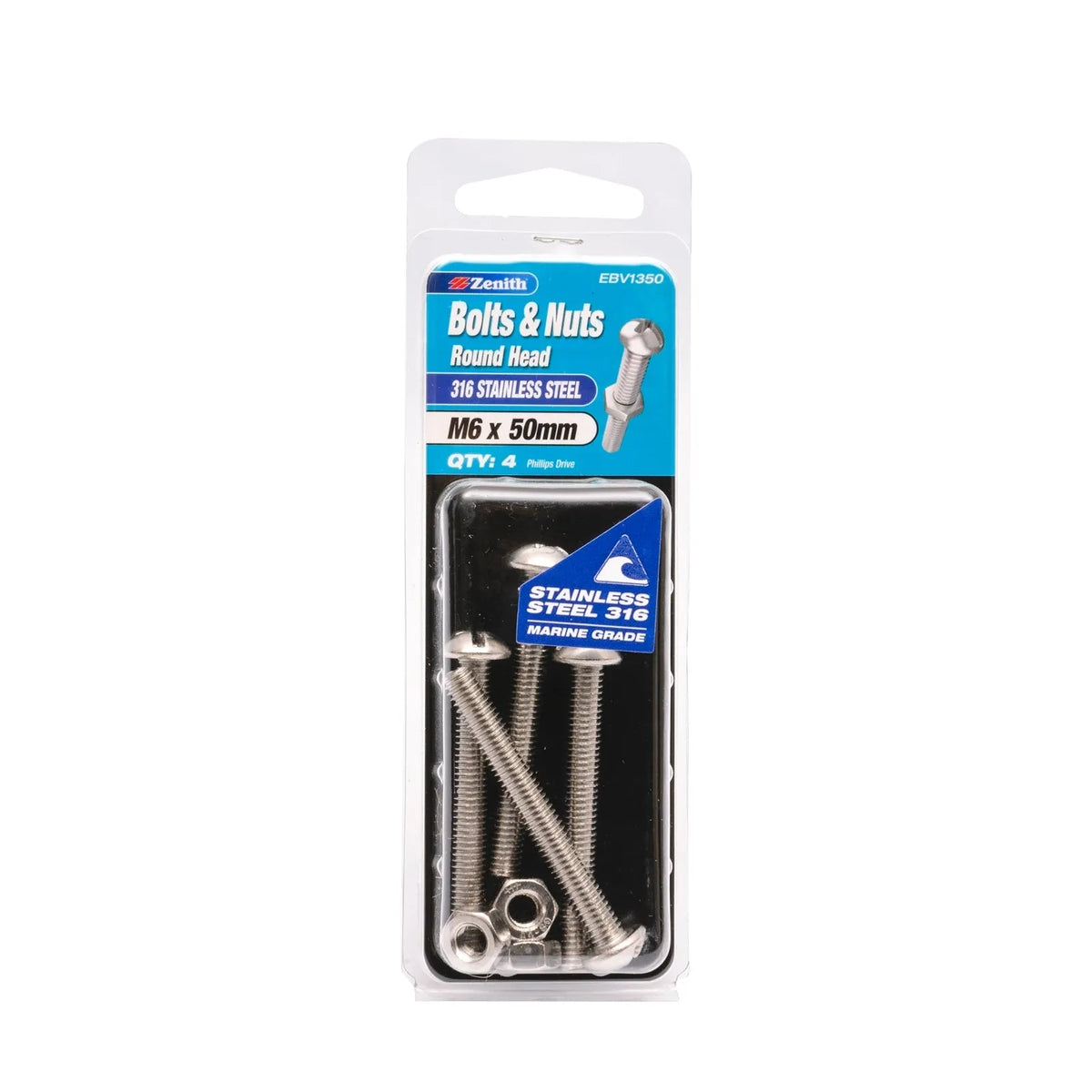 Zenith M6 x 50mm 316 Stainless Steel Round Head Bolt & Nut - 4 Pack
