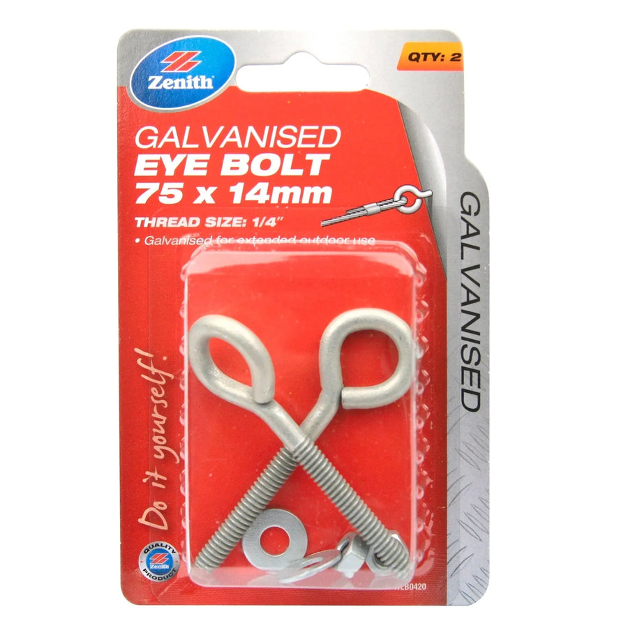 Zenith M6 x 75 x 14mm Galv Ring Bolt - 2 Pack