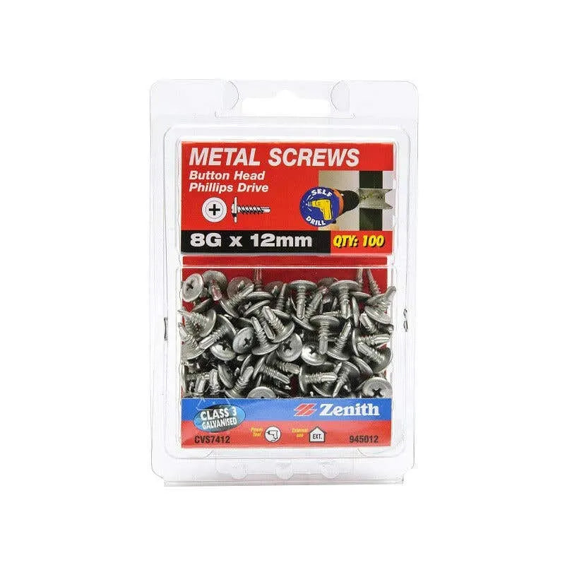 Zenith Metal Screws Button Head Galv 8G x 12mm - 100 Pack
