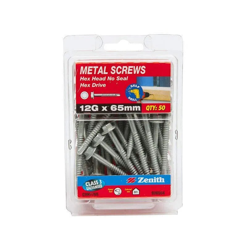 Zenith Metal Screws Hex Head Galv 12G x 65mm - 50 Pack