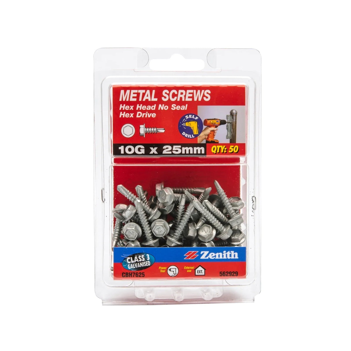 Zenith Metal Screws Hex Washer Head Galv 10g x 25mm - 50 Pack