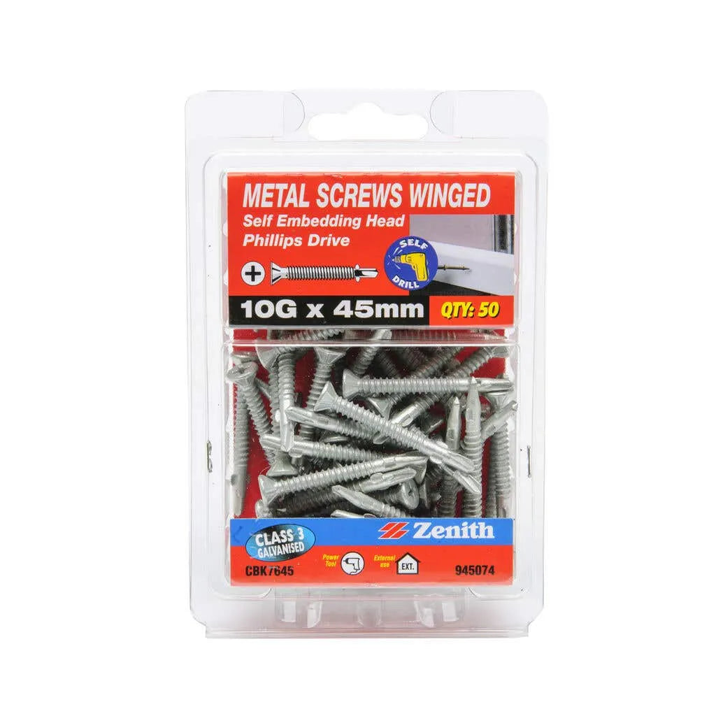 Zenith Metal Screws Winged Phillips Drive 10g x 45mm - 50 Pack