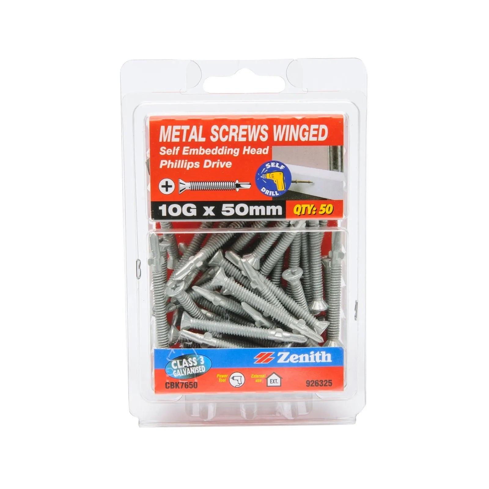 Zenith Metal Screws Winged Phillips Drive 10g x 50mm - 50 Pack