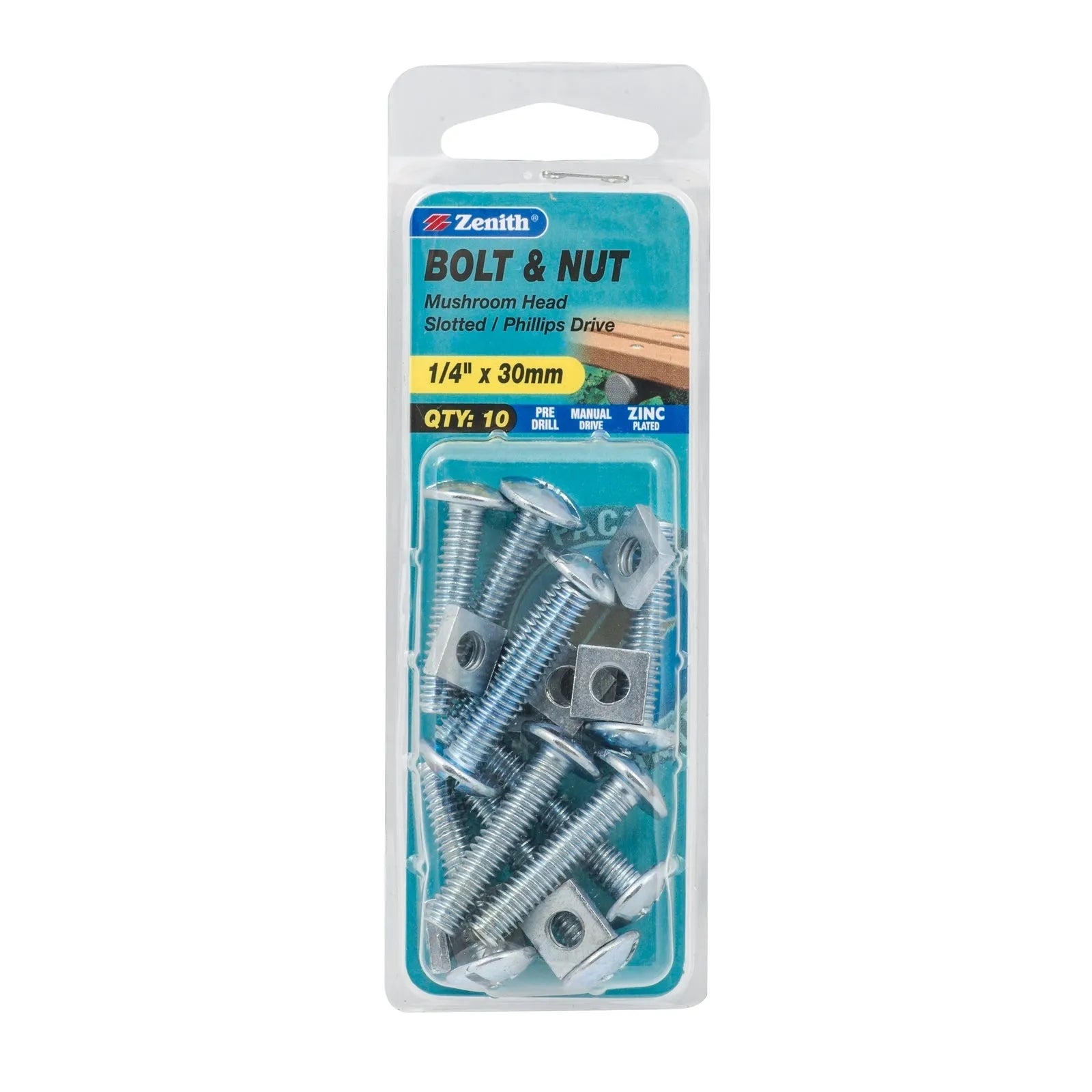 Zenith Mushroom Head Bolt & Nut 1/4" x 30mm ZP 10 Pack BBC01075